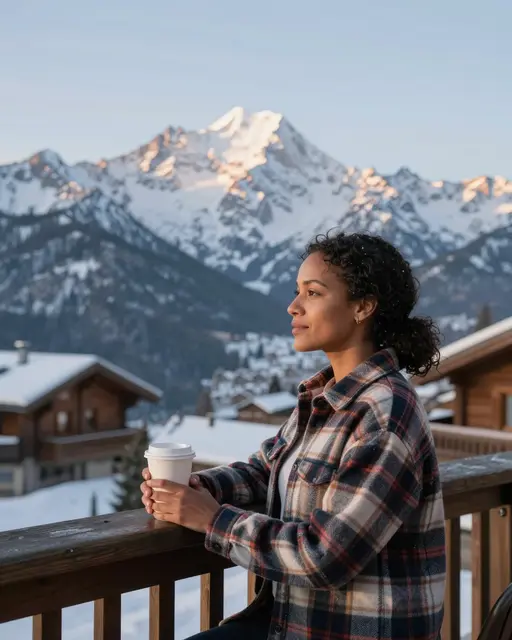 A mixed-race woman in a plaid flannel holds a coffee cup while looking out at snow-covered mountain peaks at sunrise from a