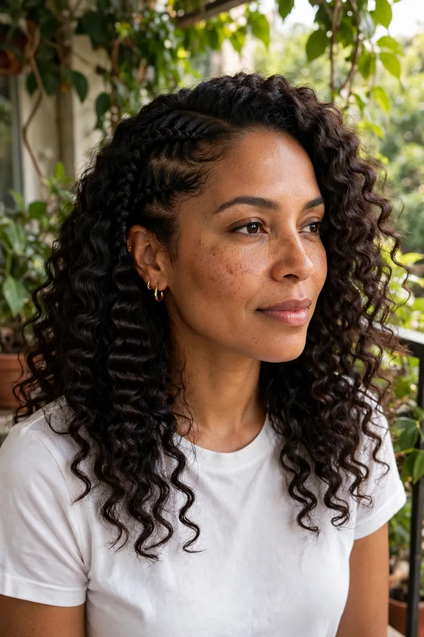 Portrait of an Afro-Latina woman in a white t-shirt with styled curls on a sunlit leafy balcony