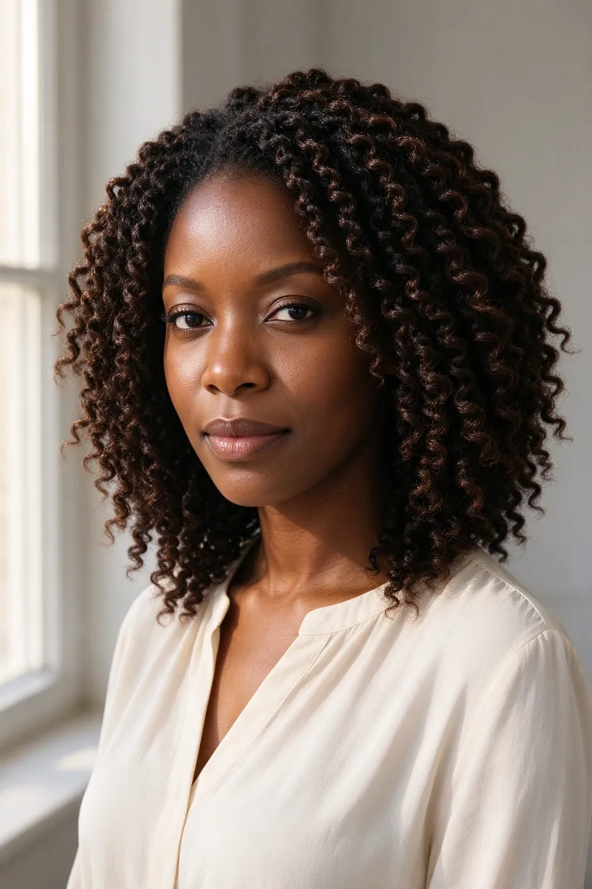 Portrait of a Black woman in her thirties with a full twist out hairstyle, wearing an ivory blouse near a sunlit window