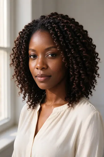 Portrait of a Black woman in her thirties with a full twist out hairstyle, wearing an ivory blouse near a sunlit window