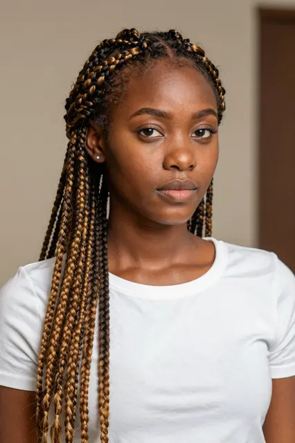 Studio portrait of a woman with highlighted Fulani braids wearing a plain white t-shirt under warm golden light