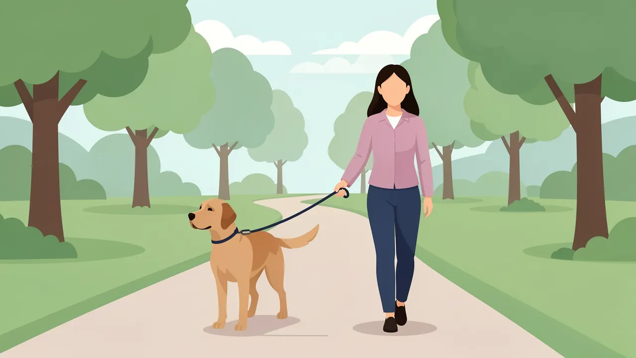 Faceless woman walks with her guide dog along a winding paved park path under a pale sky.