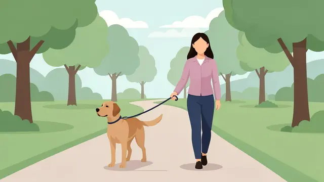Faceless woman walks with her guide dog along a winding paved park path under a pale sky.