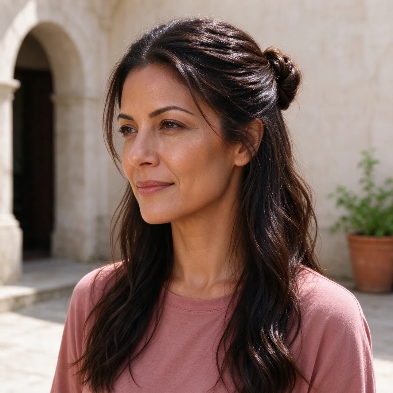 Portrait of a Latina woman in her thirties with a twisted half-up hairstyle standing in a sunlit stone courtyard