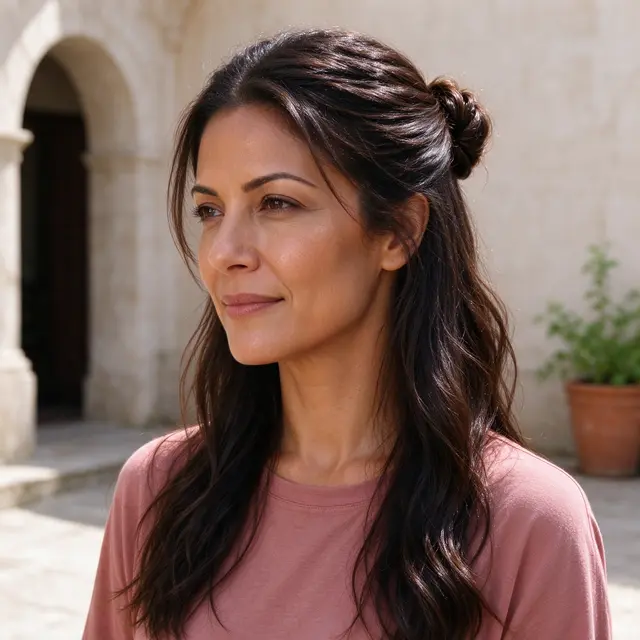 Portrait of a Latina woman in her thirties with a twisted half-up hairstyle standing in a sunlit stone courtyard