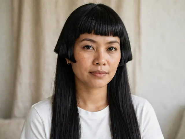 Calm portrait of a Southeast Asian woman in her thirties with a hime cut, wearing a plain white top