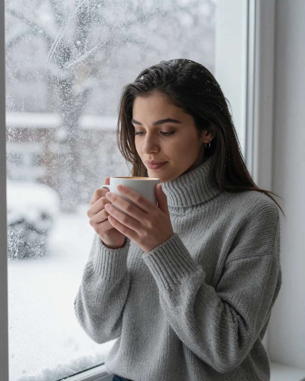 A woman in a gray turtleneck sweater holds a hot mug while standing by a snowy frosted window