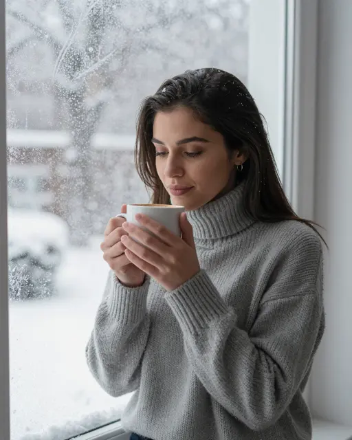 A woman in a gray turtleneck sweater holds a hot mug while standing by a snowy frosted window