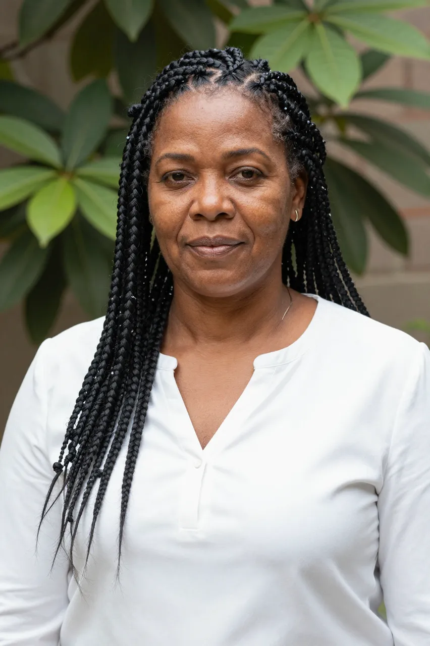 Portrait of a middle-aged Afro-Latina woman with knotless braids wearing a white blouse in a leafy outdoor courtyard