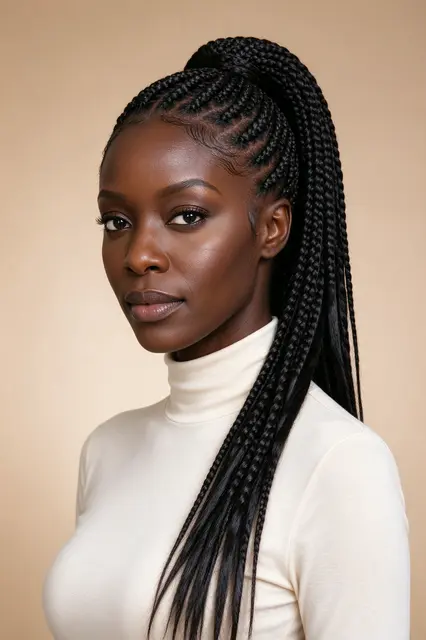 Studio portrait of a Black woman in a cream turtleneck with a high braided ponytail against a beige backdrop