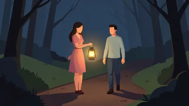 Faceless woman holds a glowing lantern to light a dark forest trail for a companion.