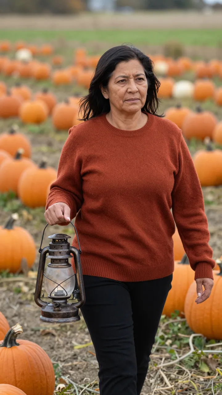 A middle aged Latina woman carries an antique lantern while walking through a fall pumpkin patch