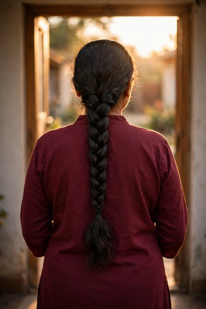 Back view of a South Asian woman in a maroon kurta standing in a sunlit wooden doorway