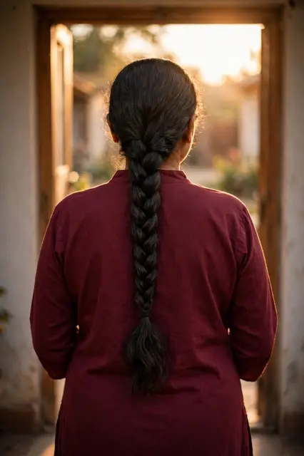 Back view of a South Asian woman in a maroon kurta standing in a sunlit wooden doorway