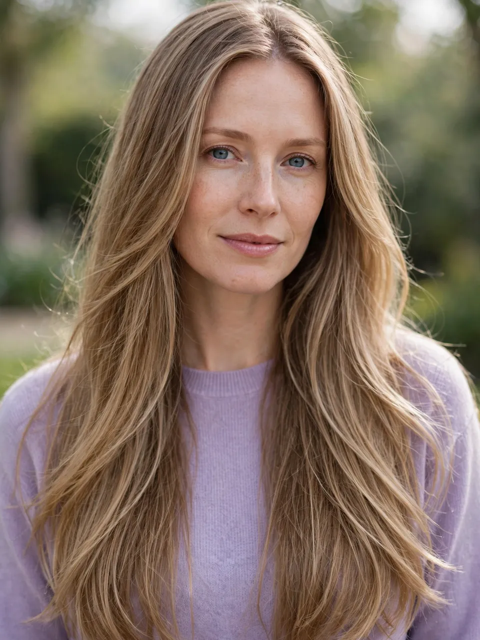 Portrait of a woman in her thirties with long blonde hair wearing a lilac sweater outdoors in soft daylight