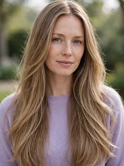Portrait of a woman in her thirties with long blonde hair wearing a lilac sweater outdoors in soft daylight