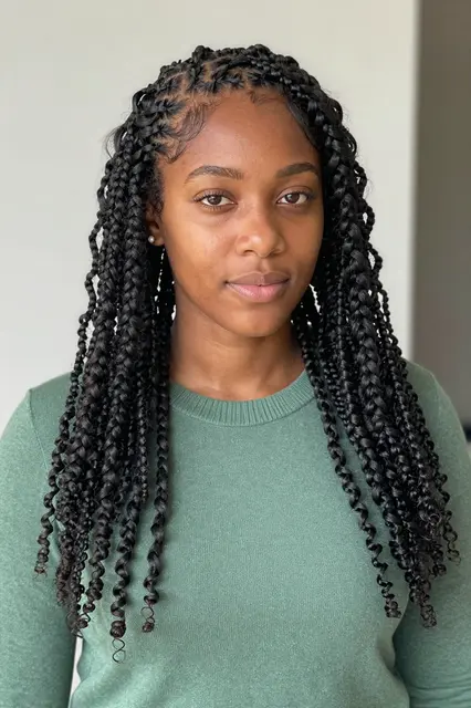 Portrait of a Black woman with long passion twists wearing a moss green knit sweater indoors