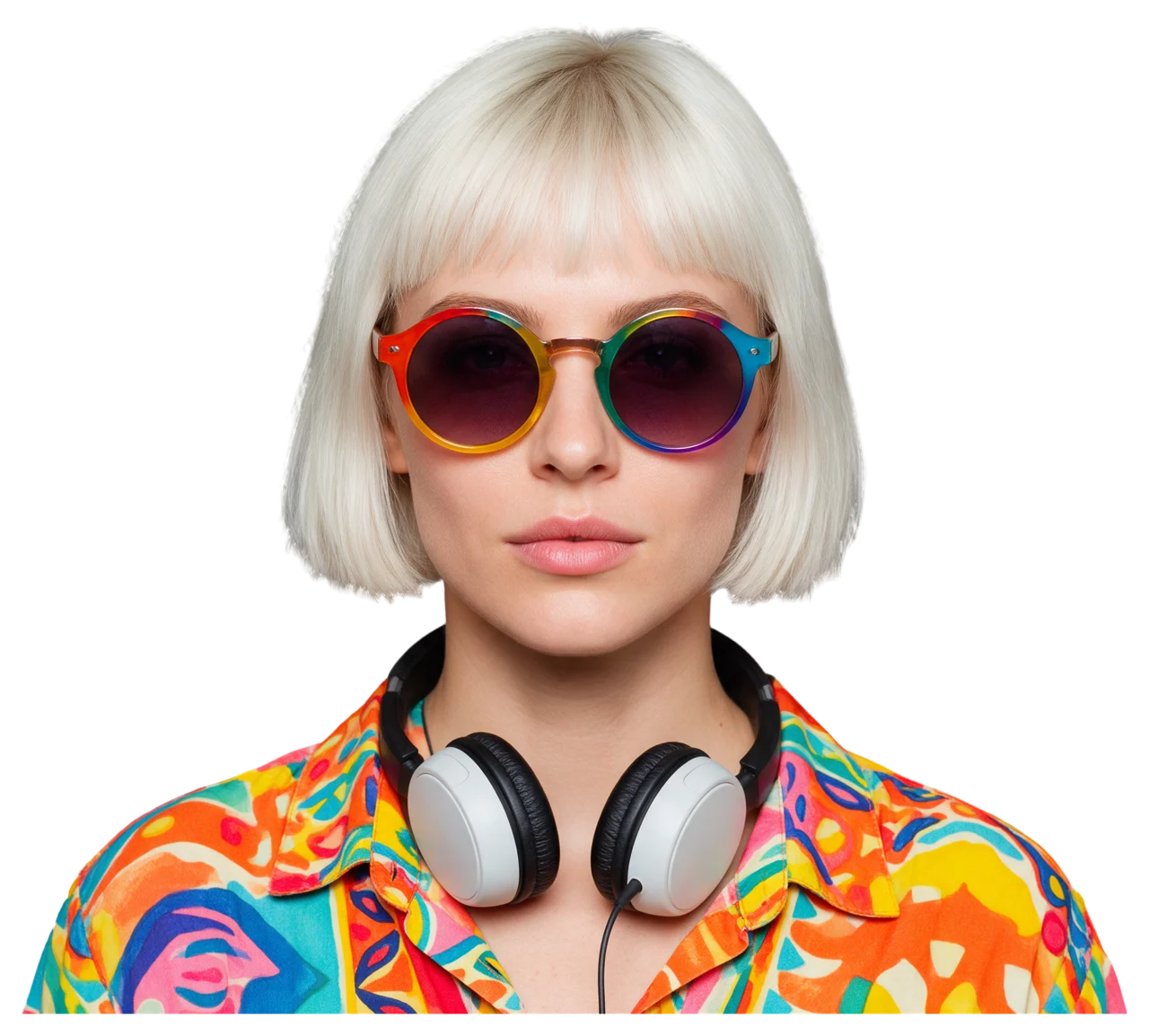 Bust portrait of a woman with a platinum bob, rainbow sunglasses, headphones around her neck, and a colorful patterned shirt