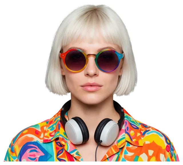 Bust portrait of a woman with a platinum bob, rainbow sunglasses, headphones around her neck, and a colorful patterned shirt