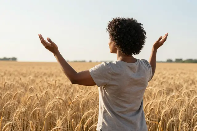 A Black woman viewed from behind stands in a golden wheat field with raised open palms toward the sunrise.