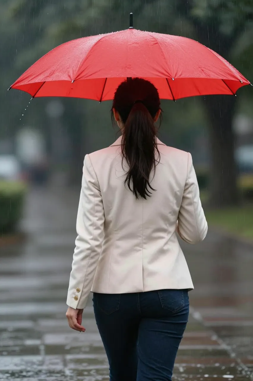 Back view of a woman holding a bright red umbrella while walking on a wet paved path during rain