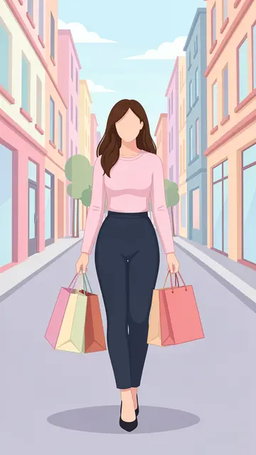 Faceless woman carrying shopping bags walks down a pastel colored city street