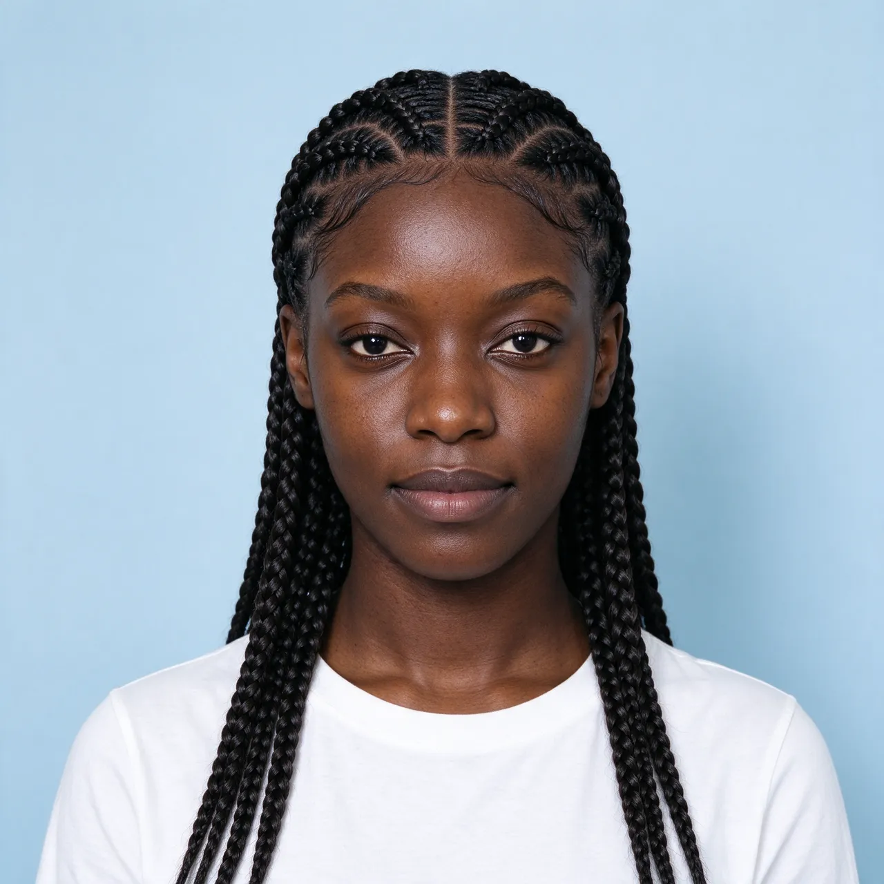 Portrait of a Black woman with stitch feed-in braids wearing a white top against a pale blue background