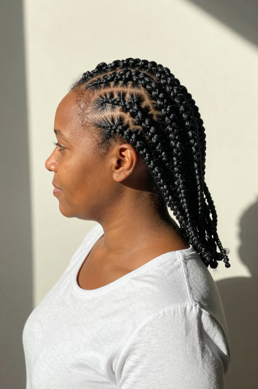 Profile view of a woman with neat triangle box braids standing against a sunlit plain wall in a white top