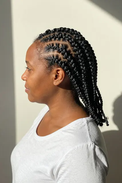 Profile view of a woman with neat triangle box braids standing against a sunlit plain wall in a white top