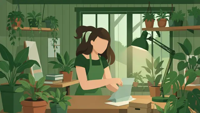 Faceless adult woman works at a desk surrounded by potted plants in a forest green garden shed studio.