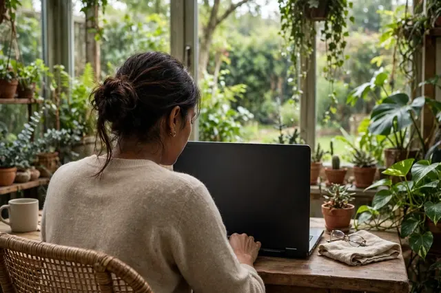 Back view of a South Asian woman typing on a laptop at a wooden garden room desk surrounded by houseplants