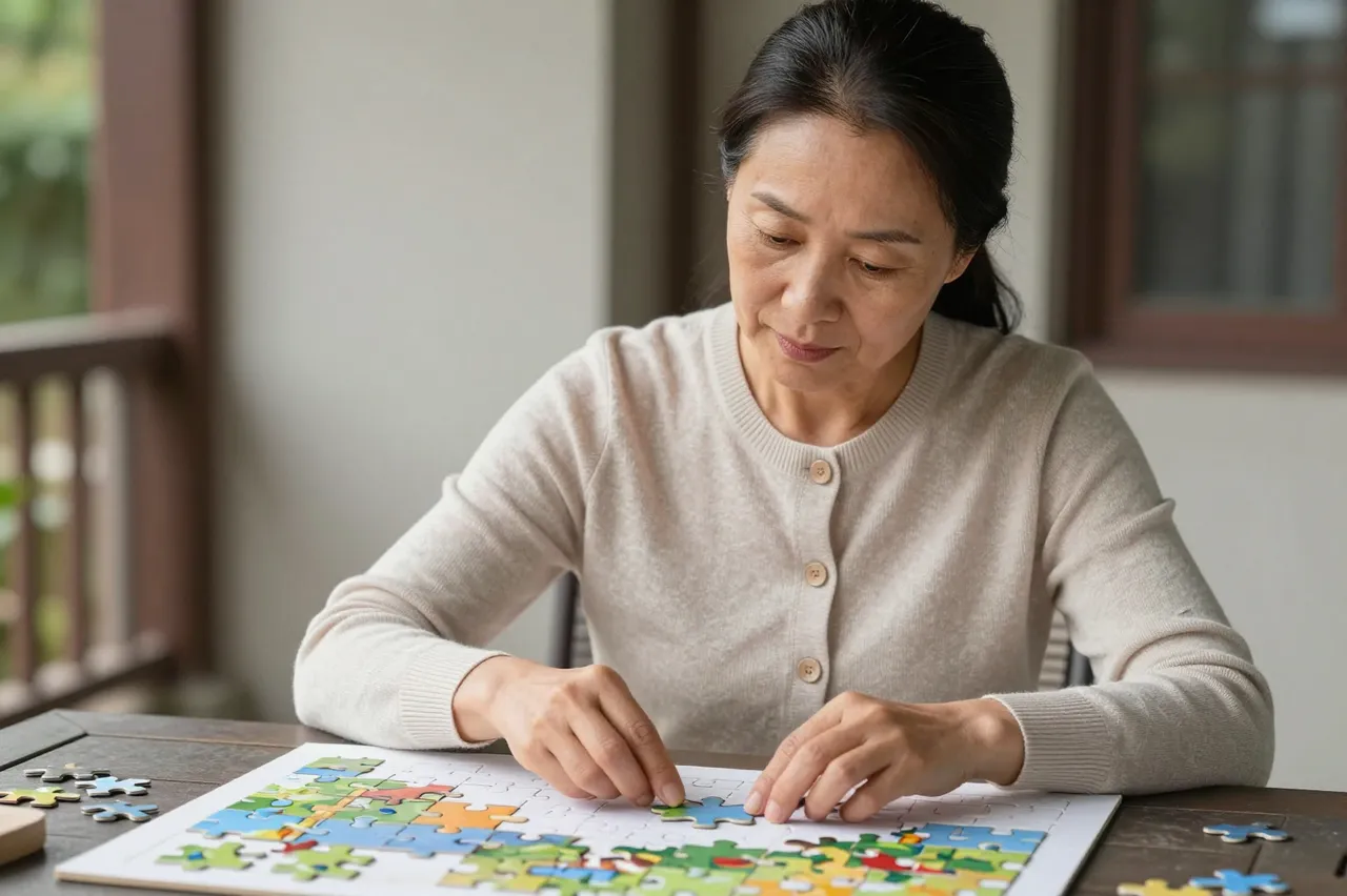 Middle aged East Asian woman places a jigsaw puzzle piece while seated at a porch table