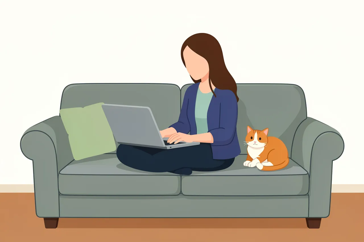 Faceless woman uses a laptop while sitting cross-legged on a gray sofa next to an orange and white cat.