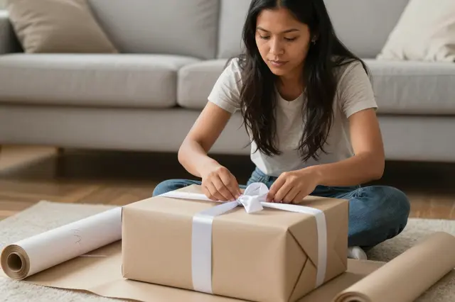 A woman ties a white ribbon bow on a large wrapped gift box while seated on a living room rug