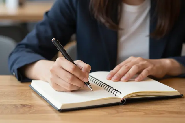 Close-up of a woman's hands writing in a spiral notebook with a pen at a wooden cafe table