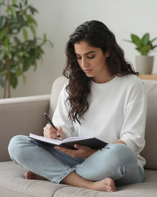 A woman sits cross-legged on a sofa writing in an open notebook with a pen, with houseplants in the background.
