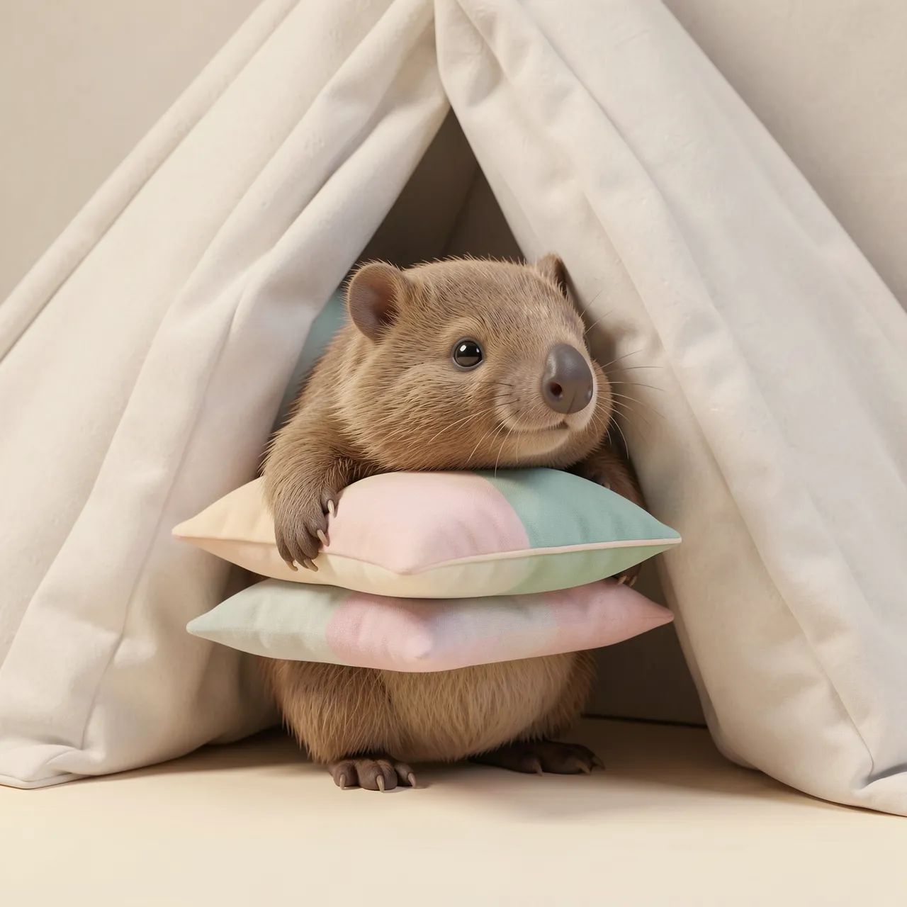A cute chubby 3D wombat holds pastel pillows while standing inside a soft fabric teepee fort