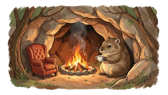 A fluffy wombat sits beside a crackling campfire in a burrow holding a teacup, with a red armchair nearby