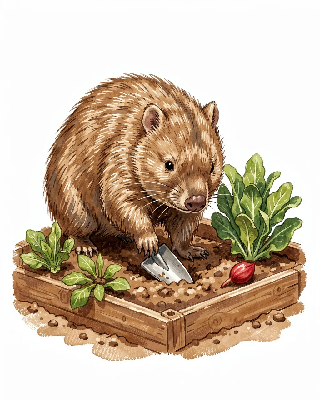 Cute illustrated wombat uses a small spade to tend plants in a wooden raised vegetable garden bed