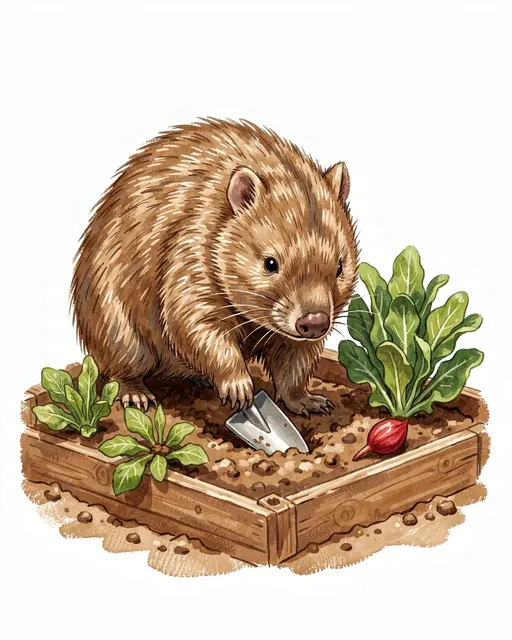Cute illustrated wombat uses a small spade to tend plants in a wooden raised vegetable garden bed