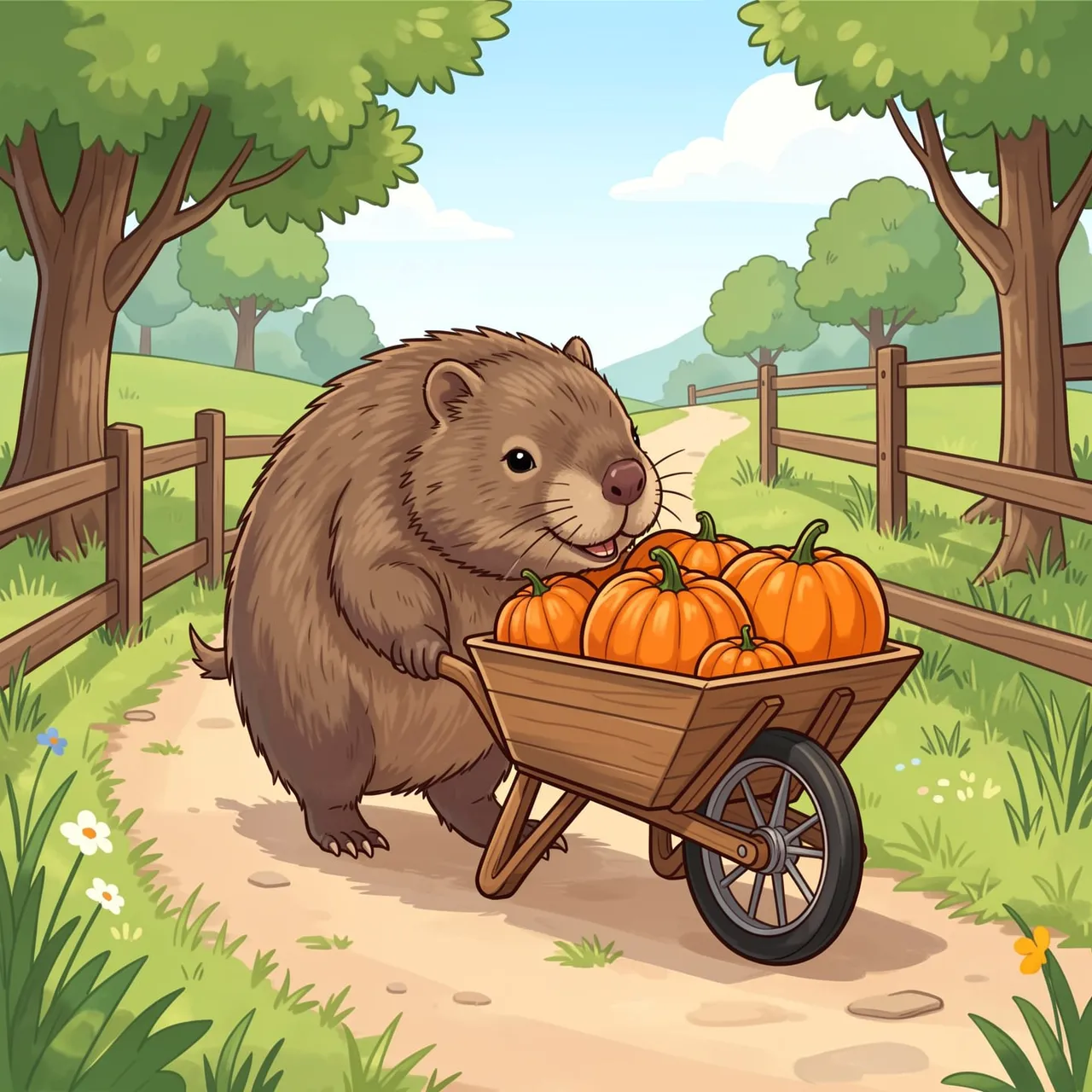 A cute illustrated wombat pushes a wooden wheelbarrow full of pumpkins along a sunny farm path
