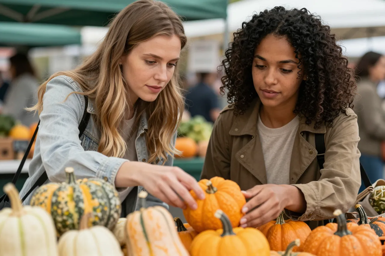 Two women in their late twenties examine small autumn squash at an outdoor farmers market stall.