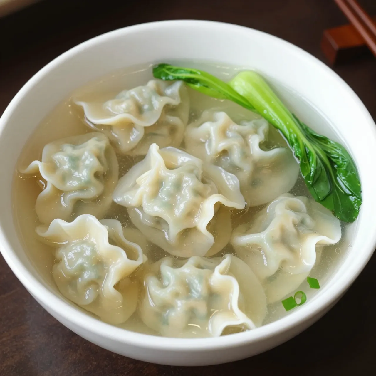 A close-up view of wonton soup with bok choy served in a smooth white bowl on a dark wooden table.