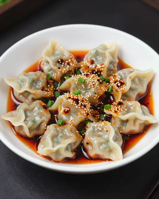 Steamed wontons topped with sesame seeds and scallions rest in spicy chili oil in a white ceramic bowl.
