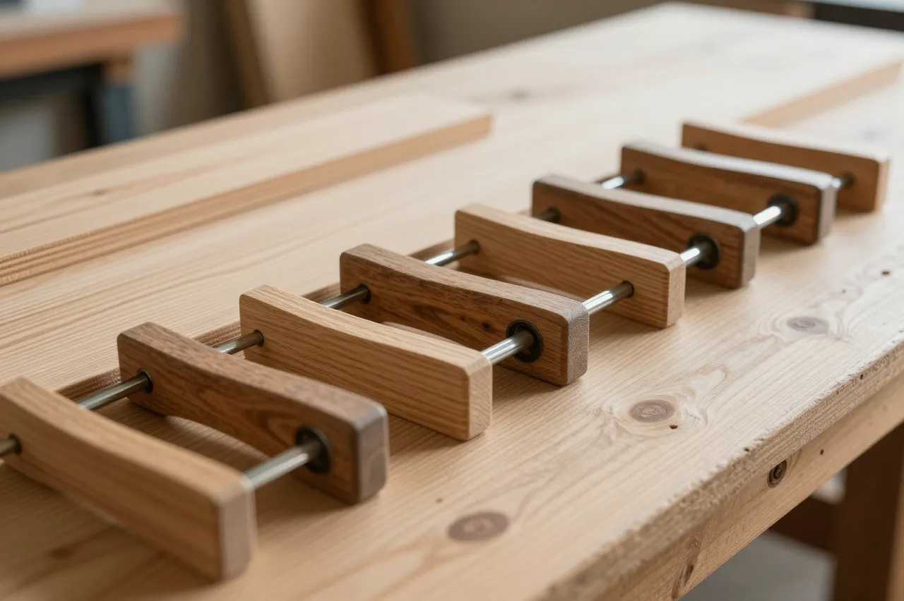 Row of wooden hand clamps sits on a light oak workbench in soft warm workshop light