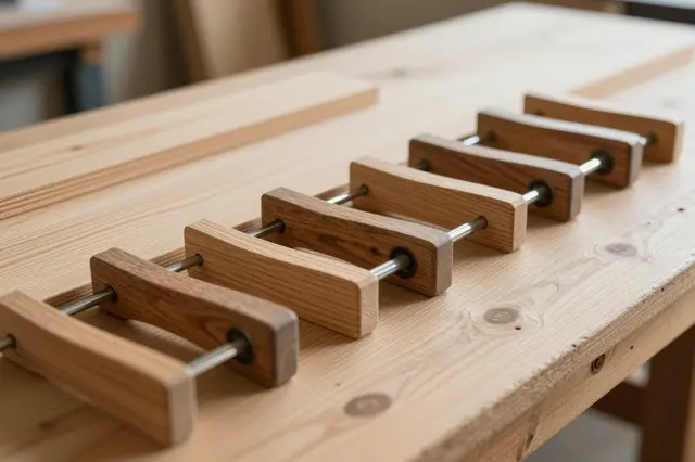 Row of wooden hand clamps sits on a light oak workbench in soft warm workshop light