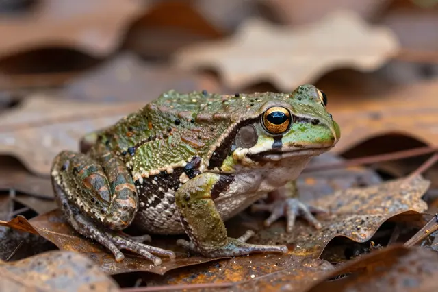 A textured wood frog rests among damp, decaying fallen autumn leaves on the forest floor
