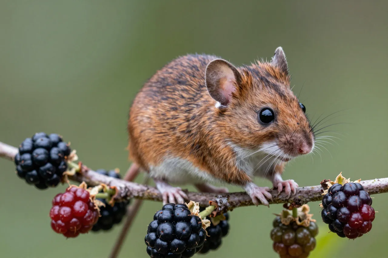 A small brown wood mouse perches steadily on a blackberry branch surrounded by ripe and unripe berries.