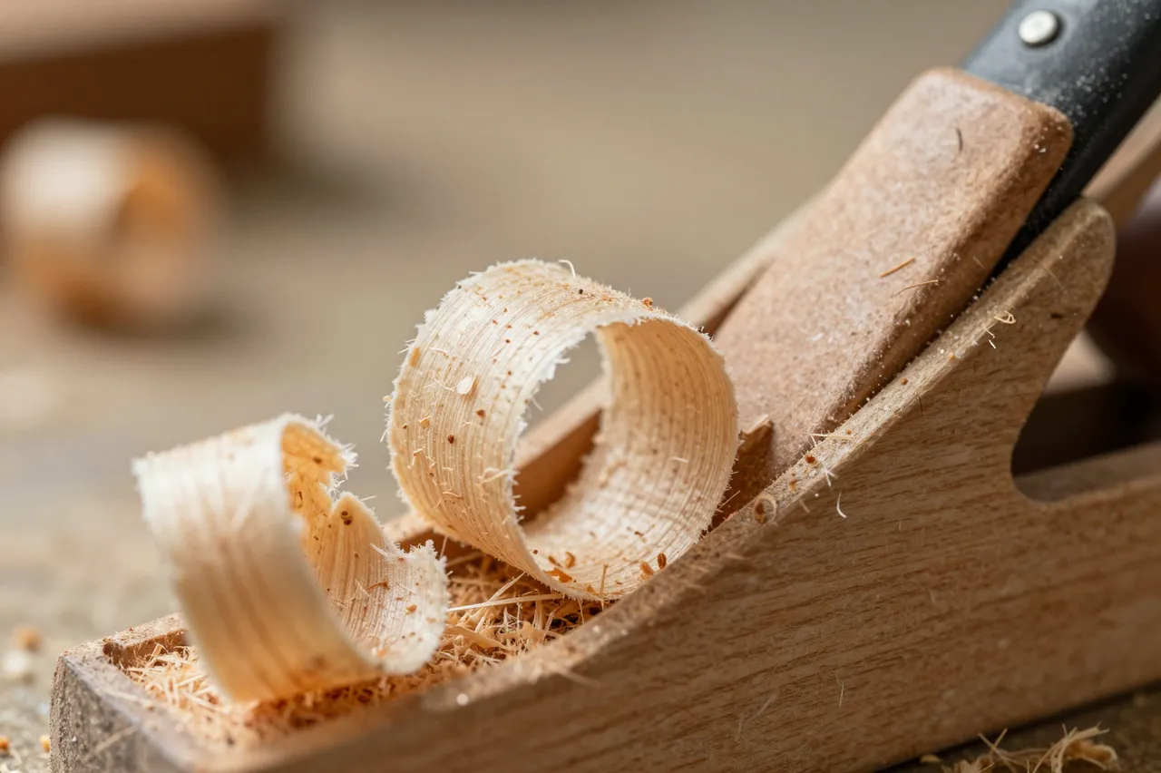 Close-up of a wooden hand plane holding curled wood shavings on a workbench