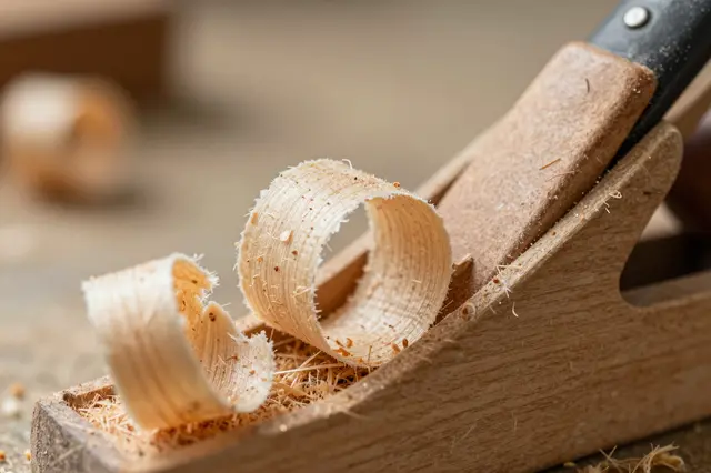 Close-up of a wooden hand plane holding curled wood shavings on a workbench